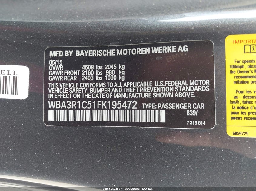2015 BMW 4er VIN WBA3R1C51FK195472 IAAI salvage auction — FRONT END, Salvage (Texas), sold $3,950 on 2026-07-22 (photo 9)