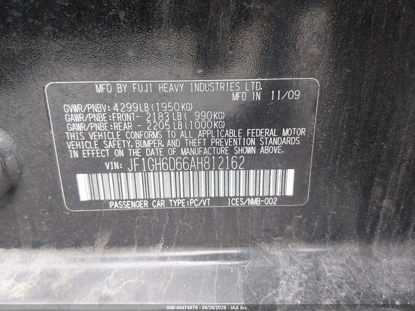 2010 Subaru Impreza VIN JF1GH6D66AH812162 IAAI salvage auction — RIGHT FRONT, Salvage (Pennsylvania), sold $600 on 2026-07-31 (photo 9)