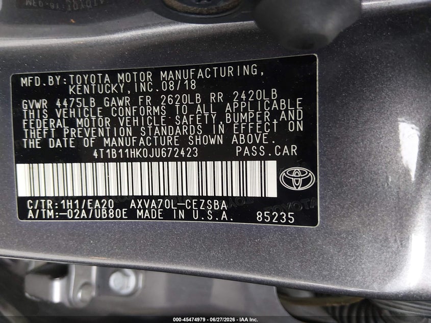 2018 Toyota Camry VIN 4T1B11HK0JU672423 IAAI salvage auction — RIGHT FRONT, Salvage (California), sold $6,650 on 2026-07-09 (photo 9)