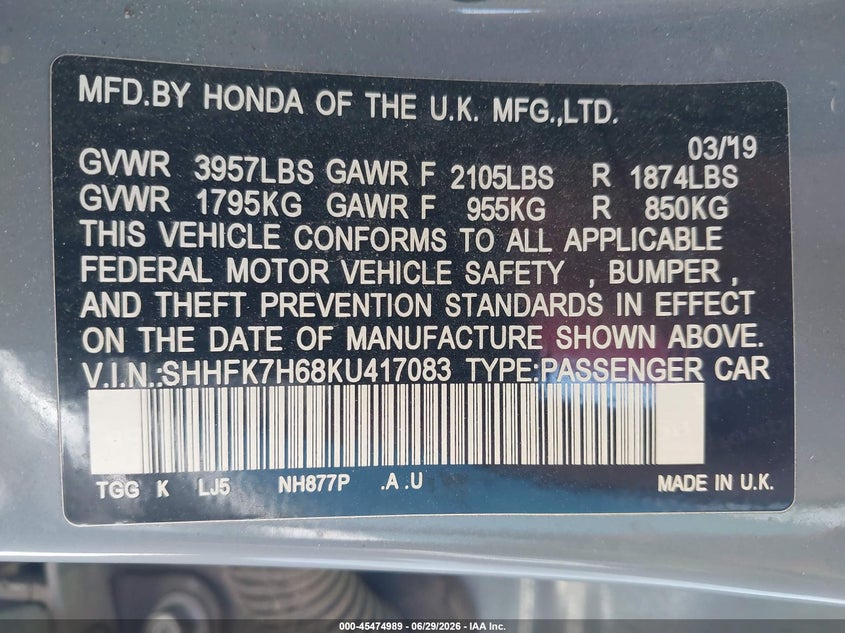 2019 Honda Civic VIN SHHFK7H68KU417083 IAAI salvage auction — FRONT & REAR, Salvage Title, sold $25 on 2026-07-16 (photo 9)