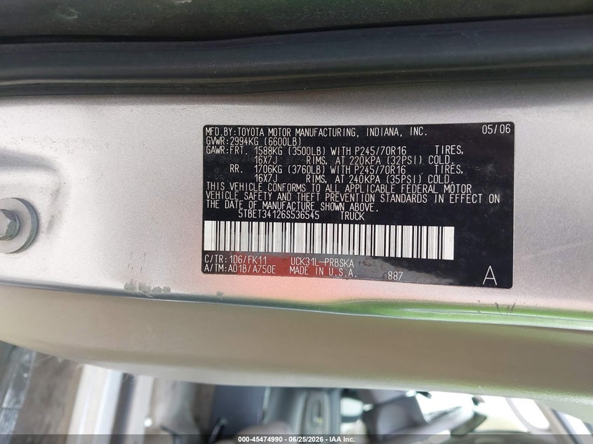 2006 Toyota Tundra VIN 5TBET34126S536545 IAAI salvage auction — RIGHT FRONT, Salvage (North Carolina), sold $2,150 on 2026-07-21 (photo 9)
