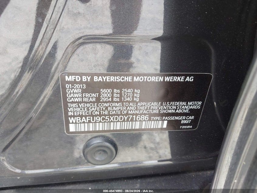 2013 BMW 5er VIN WBAFU9C5XDDY71686 IAAI salvage auction — NORMAL WEAR, Clear (Georgia), sold $2,300 on 2026-07-14 (photo 9)