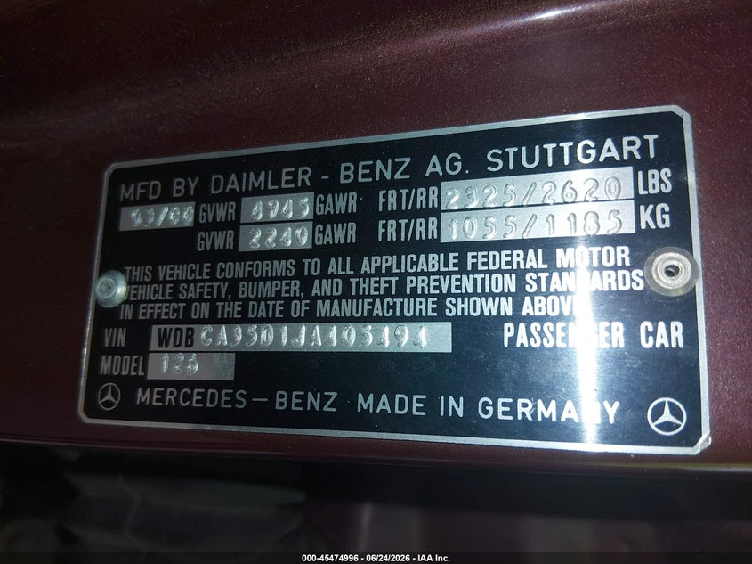 1988 Mercedes-benz 420 VIN WDBCA35D1JA405494 IAAI salvage auction — NORMAL WEAR, Clear - Public Restricted (Oklahoma), sold $925 on 2026-07-15 (photo 9)