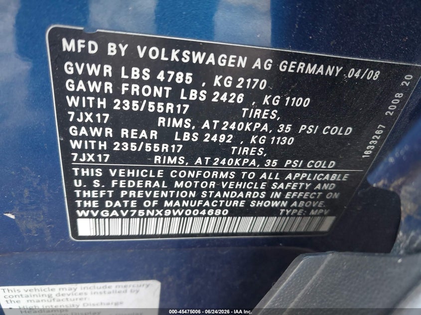 2009 Volkswagen Tiguan VIN WVGAV75NX9W004680 IAAI salvage auction — NORMAL WEAR, Clear (Florida), sold $975 on 2026-07-15 (photo 9)