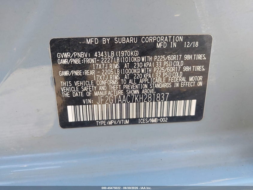 2019 Subaru Xv VIN JF2GTAAC7KH281837 IAAI salvage auction — BIOHAZARD/CHEMICAL, Salvage (California), sold $1,100 on 2026-08-02 (photo 9)