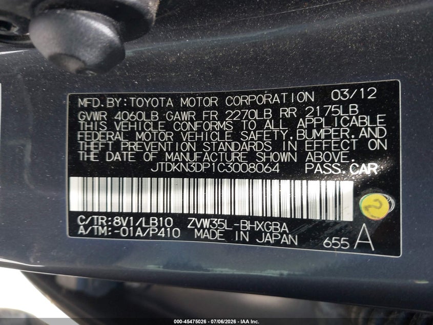 2012 Toyota Prius VIN JTDKN3DP1C3008064 IAAI salvage auction — NORMAL WEAR, Clear - Dealer Only (California), sold $6,800 on 2026-07-09 (photo 9)