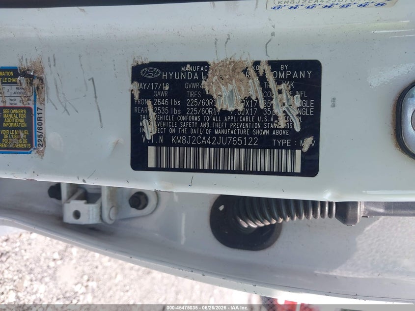 2018 Hyundai Tucson VIN KM8J2CA42JU765122 IAAI salvage auction — FRONT END, Salvage (Georgia), sold $3,250 on 2026-07-31 (photo 9)