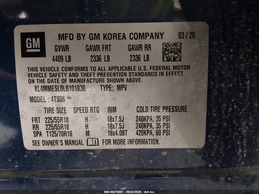 2020 Buick Encore gx VIN KL4MMESL0LB101830 IAAI salvage auction — REAR END, Salvage Title, sold $2,550 on 2026-07-16 (photo 9)