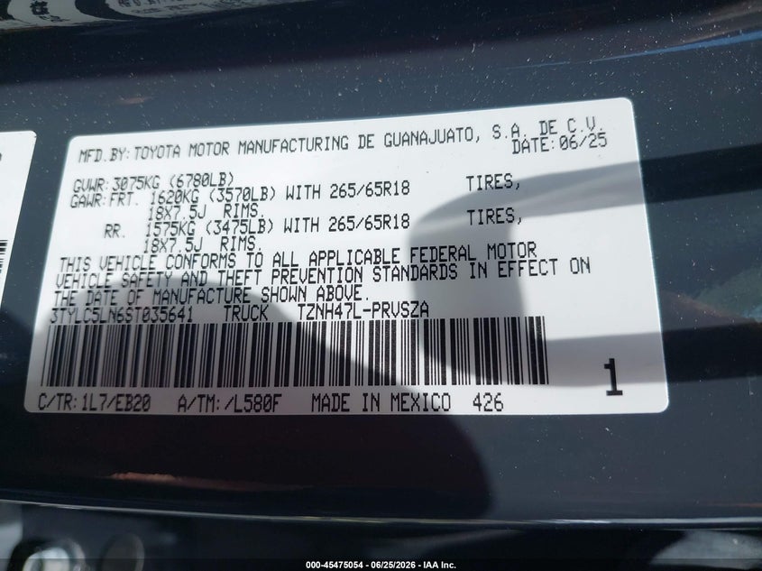 2025 Toyota Tacoma VIN 3TYLC5LN6ST035641 IAAI salvage auction — FRONT END, Salvage Title, sold $15,300 on 2026-07-30 (photo 9)