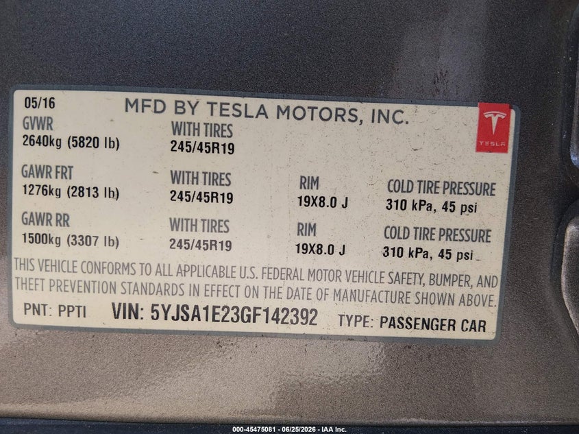 2016 Tesla Model s VIN 5YJSA1E23GF142392 IAAI salvage auction — FRONT END, Salvage (California), sold $4,750 on 2026-07-19 (photo 9)