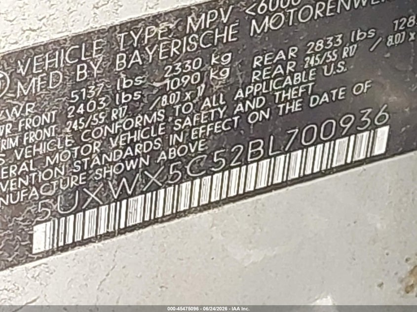 2011 BMW X3 VIN 5UXWX5C52BL700936 IAAI salvage auction — FRONT & REAR, Bill Of Sale (New York), sold $25 on 2026-07-28 (photo 9)