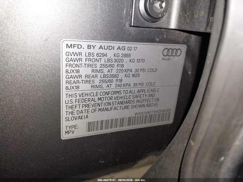 2017 Audi Q7 VIN WA1LHAF75HD045188 IAAI salvage auction — NORMAL WEAR, Clear - Dealer Only (California), sold $4,150 on 2026-07-07 (photo 9)