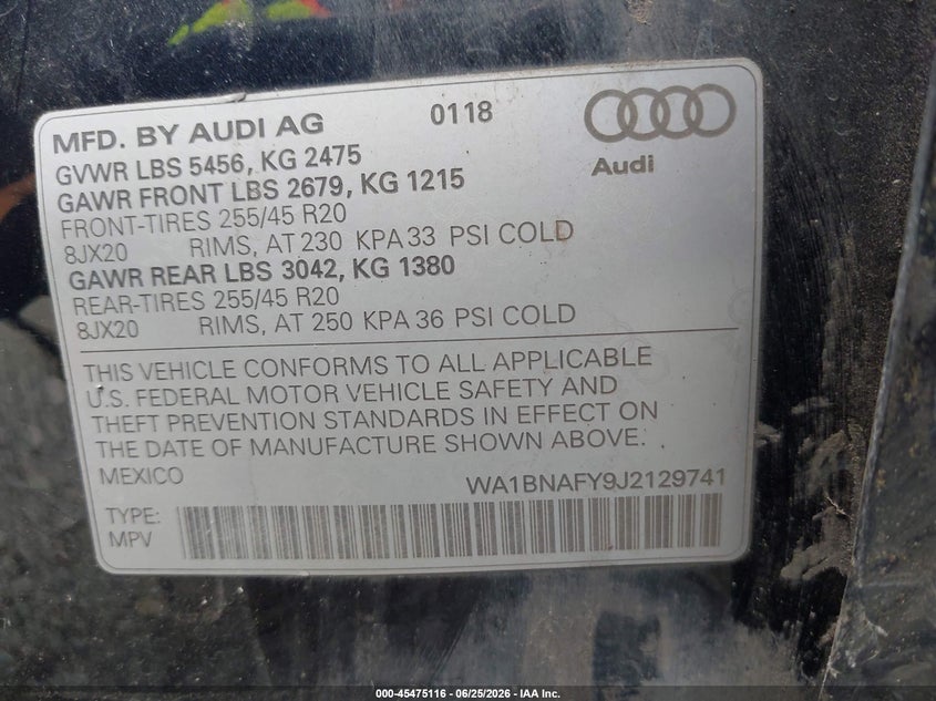 2018 Audi Q5 VIN WA1BNAFY9J2129741 IAAI salvage auction — SIDE, Bill Of Sale (Washington), sold $5,300 on 2026-07-24 (photo 9)