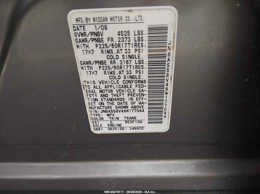 2009 Nissan Rogue VIN JN8AS58V49W177094 IAAI salvage auction — NORMAL WEAR, Clear (South Carolina), sold $225 on 2026-07-08 (photo 9)