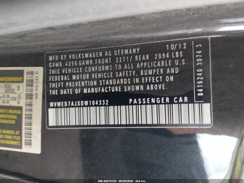 2013 Volkswagen Gti VIN WVWED7AJXDW104332 IAAI salvage auction — FRONT END, Salvage (California), sold $1,100 on 2026-07-11 (photo 9)