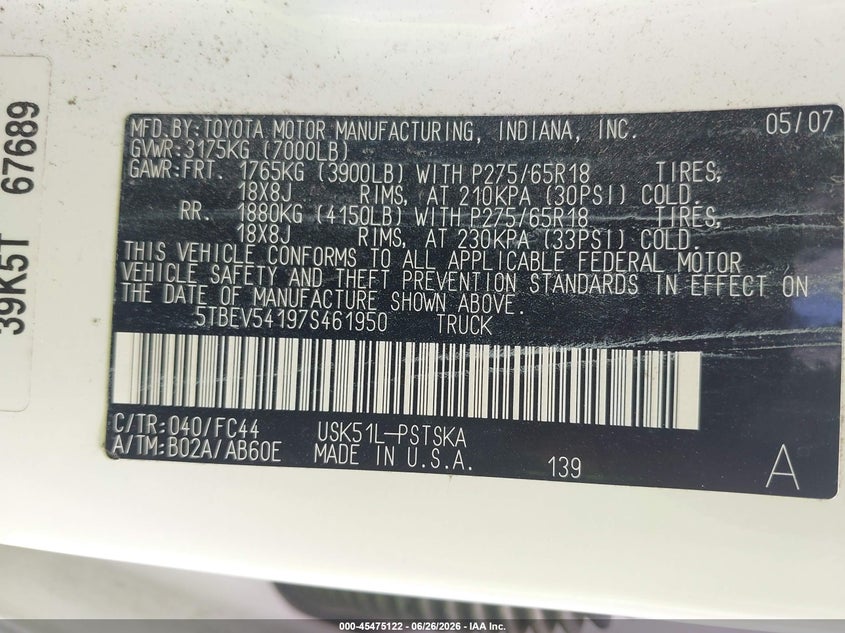 2007 Toyota Tundra VIN 5TBEV54197S461950 IAAI salvage auction — NORMAL WEAR, Clear (Mississippi), sold $4,100 on 2026-07-16 (photo 9)
