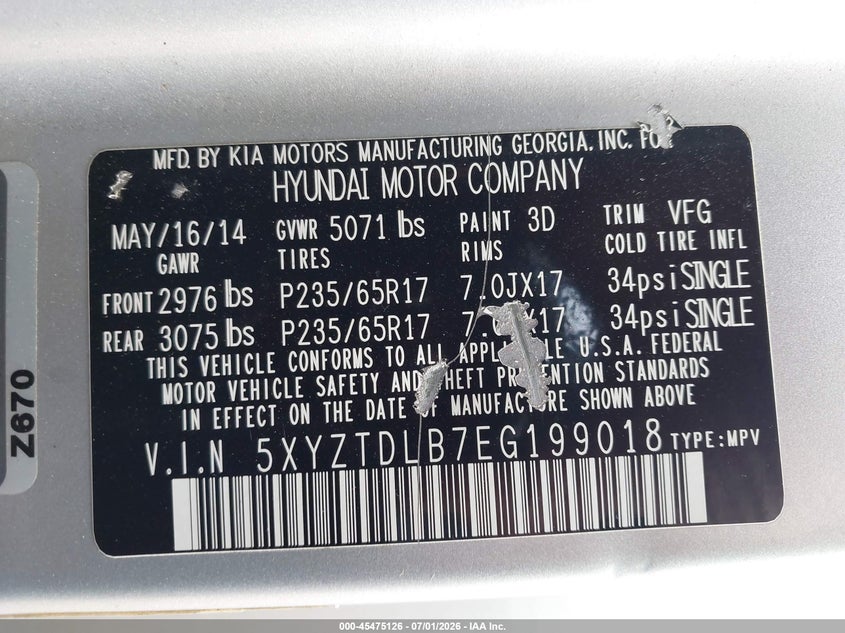 2014 Hyundai Santa fe VIN 5XYZTDLB7EG199018 IAAI salvage auction — NORMAL WEAR, Clear (Massachusetts), sold $1,550 on 2026-07-10 (photo 9)