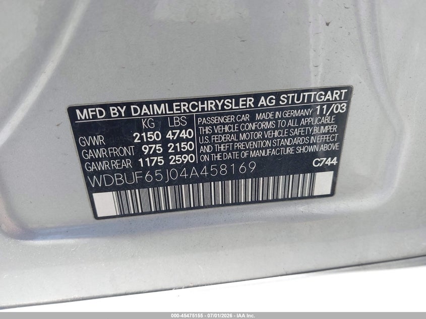 2004 Mercedes-benz E-class VIN WDBUF65J04A458169 IAAI salvage auction — NORMAL WEAR, Clear - Dealer Only (California), sold $775 on 2026-07-09 (photo 9)