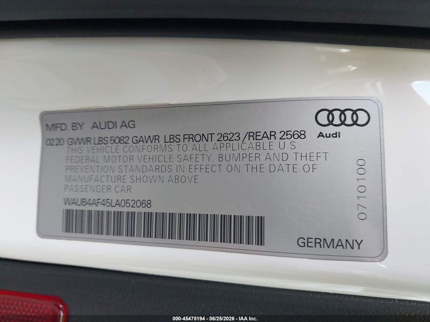 2020 Audi S4 VIN WAUB4AF45LA052068 IAAI salvage auction — RIGHT FRONT, Salvage Title, sold $12,750 on 2026-08-19 (photo 9)
