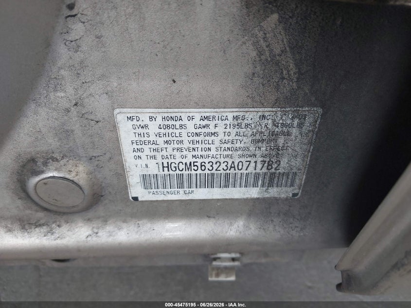 2003 Honda Accord VIN 1HGCM56323A071782 IAAI salvage auction — FRONT END, Rebuildable (Florida), sold $300 on 2026-07-18 (photo 9)