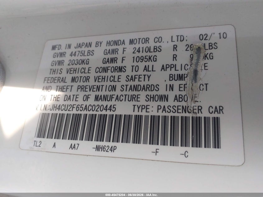 2010 Acura Tsx VIN JH4CU2F65AC020445 IAAI salvage auction — NORMAL WEAR, Clear (New Jersey), sold $625 on 2026-07-29 (photo 9)