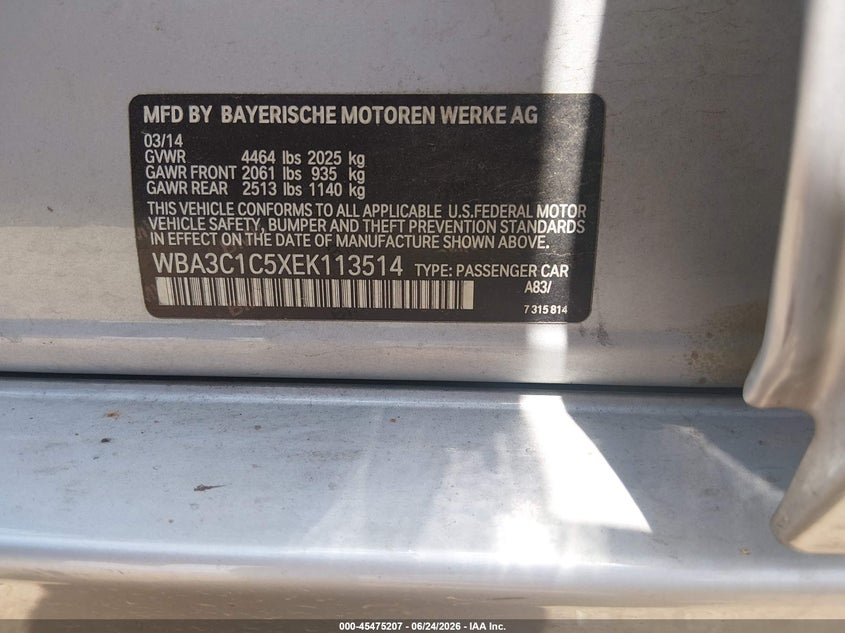 2014 BMW 3er VIN WBA3C1C5XEK113514 IAAI salvage auction — ENGINE DAMAGE, Nrc Lienholder Repossession Paperwork (Arizona), sold $325 on 2026-07-07 (photo 9)