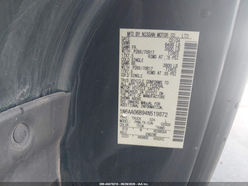 2004 Nissan TITAN VIN 1N6AA06B94N519872 IAAI salvage auction — NORMAL WEAR, Clear (Utah), sold $350 on 2026-07-09 (photo 9)