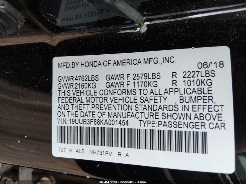 2019 Acura Tlx VIN 19UUB3F88KA001454 IAAI salvage auction — FRONT END, Salvage (Massachusetts), sold $2,550 on 2026-07-28 (photo 9)