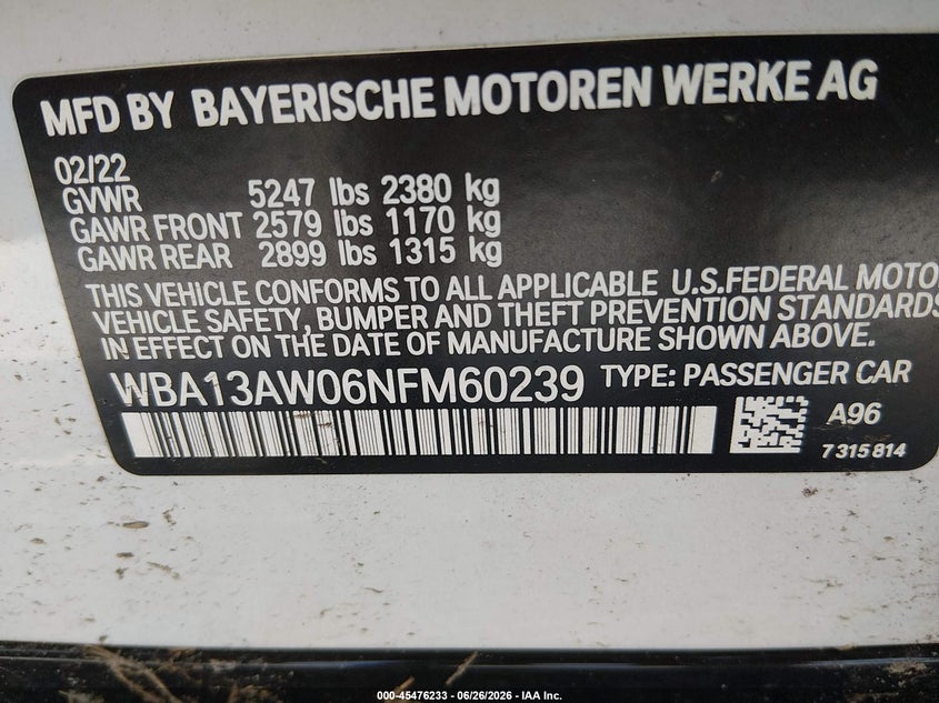 2022 BMW 4er VIN WBA13AW06NFM60239 IAAI salvage auction — LEFT SIDE, Salvage (Alabama), sold $16,200 on 2026-07-30 (photo 9)
