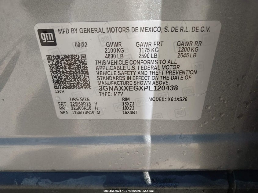 2023 Chevrolet Equinox VIN 3GNAXXEGXPL120438 IAAI salvage auction — FRONT END, Salvage Title, sold $8,300 on 2026-07-30 (photo 9)