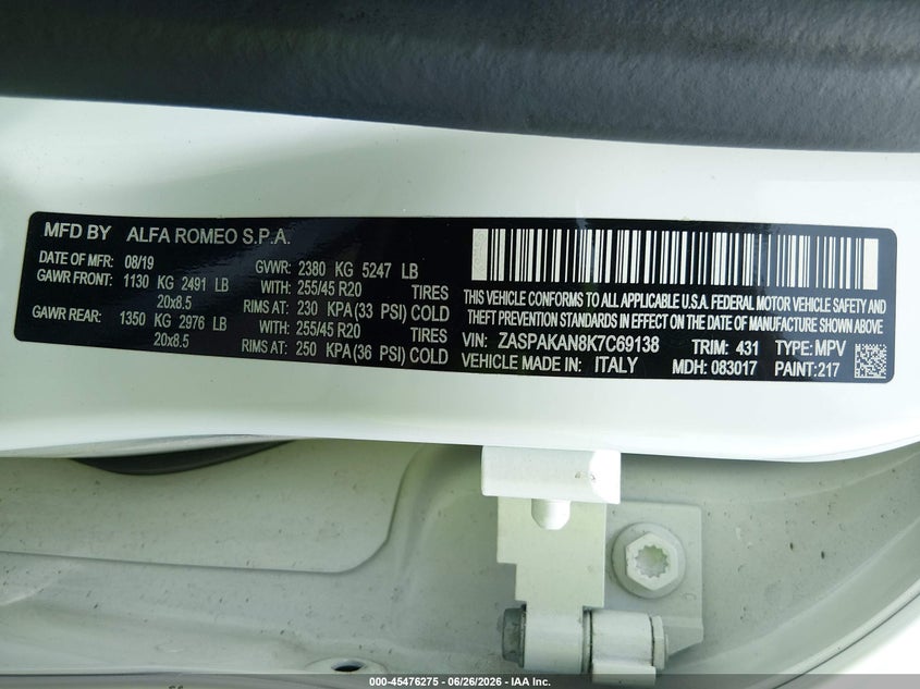 2019 Alfa romeo Stelvio VIN ZASPAKAN8K7C69138 IAAI salvage auction — FRONT END, Salvage Title, sold $950 on 2026-07-21 (photo 9)