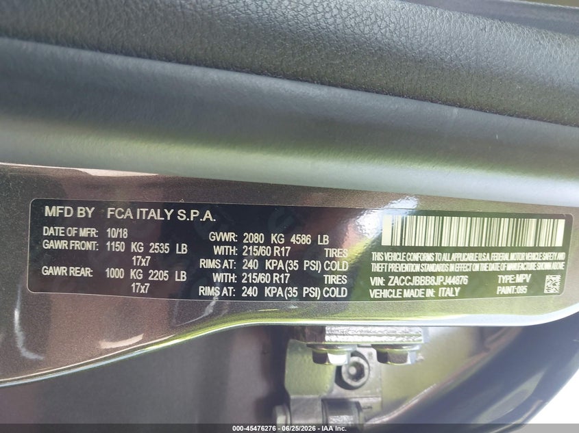 2018 Jeep Renegade VIN ZACCJBBB8JPJ44876 IAAI salvage auction — SIDE, Clear (Indiana), sold $925 on 2026-07-22 (photo 9)