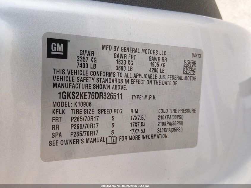 2013 Gmc Yukon VIN 1GKS2KE76DR326511 IAAI salvage auction — RIGHT FRONT, Salvage (Iowa), sold $625 on 2026-08-24 (photo 9)
