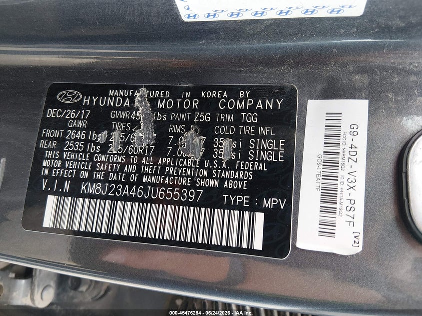 2018 Hyundai Tucson VIN KM8J23A46JU655397 IAAI salvage auction — NORMAL WEAR, Sf97 (Tennessee), sold $9,600 on 2026-08-28 (photo 9)