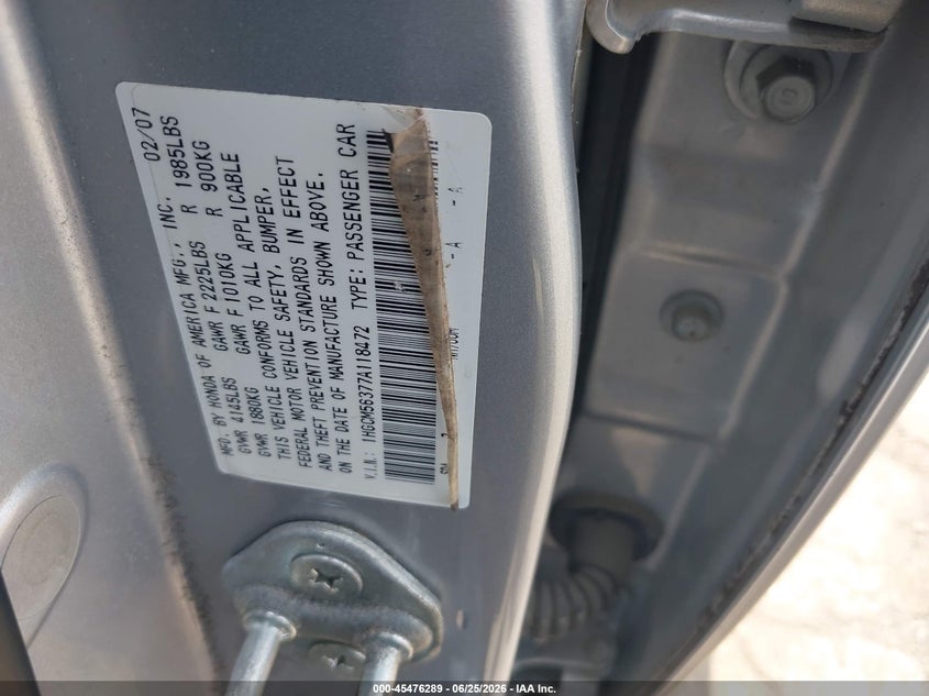 2007 Honda Accord VIN 1HGCM56377A118472 IAAI salvage auction — REAR END, Salvage (Pennsylvania), sold $225 on 2026-07-09 (photo 9)