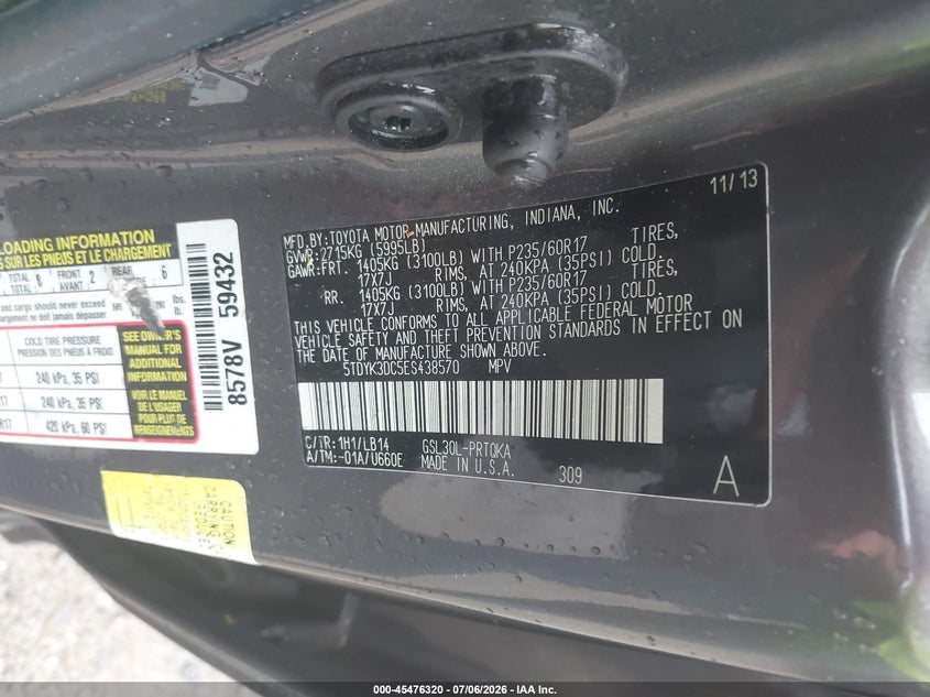 2014 Toyota Sienna VIN 5TDYK3DC5ES438570 IAAI salvage auction — RIGHT SIDE, Salvage (Idaho), sold $2,250 on 2026-07-27 (photo 9)