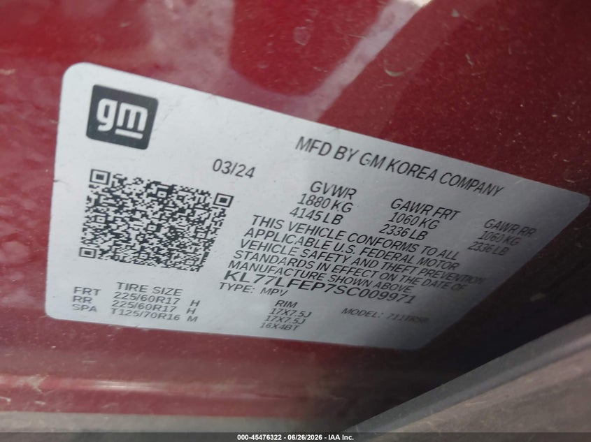 2025 Chevrolet Trax VIN KL77LFEP7SC009971 IAAI salvage auction — LEFT & RIGHT, Salvage (Tennessee), sold $525 on 2026-07-28 (photo 9)
