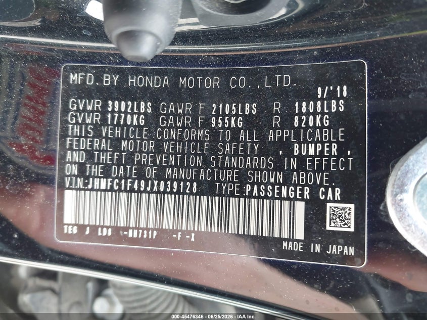 2018 Honda Civic VIN JHMFC1F49JX039128 IAAI salvage auction — FRONT & REAR, Mv-907A (New York), sold $4,800 on 2026-07-07 (photo 9)