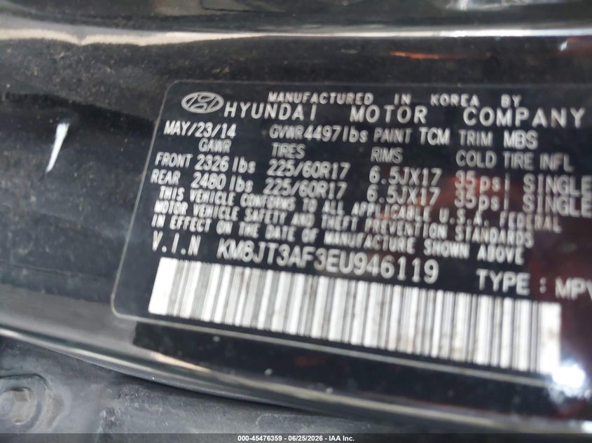 2014 Hyundai Tucson VIN KM8JT3AF3EU946119 IAAI salvage auction — FRONT END, Salvage Title, sold $1,800 on 2026-07-17 (photo 9)
