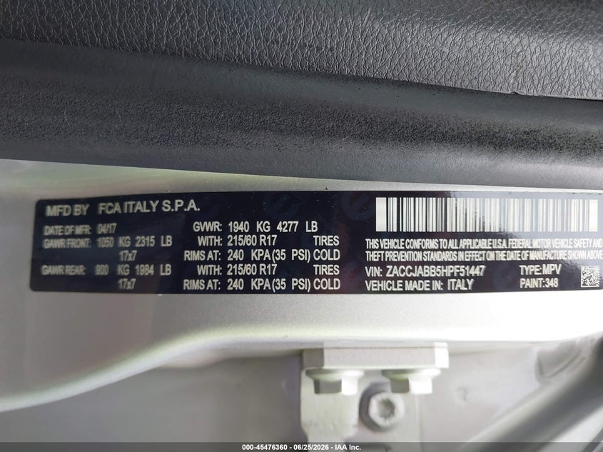 2017 Jeep Renegade VIN ZACCJABB5HPF51447 IAAI salvage auction — LEFT REAR, Salvage (Ohio), sold $625 on 2026-07-23 (photo 9)