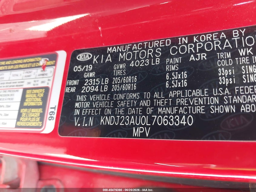 2020 Kia Soul VIN KNDJ23AU0L7063340 IAAI salvage auction — NORMAL WEAR, Original (Texas), sold $2,225 on 2026-07-28 (photo 9)