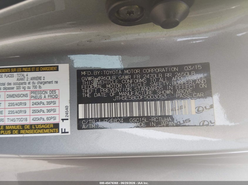 2015 Lexus Rc VIN JTHSE5BC0F5003053 IAAI salvage auction — FRONT END, Salvage Title, sold $5,100 on 2026-07-23 (photo 9)