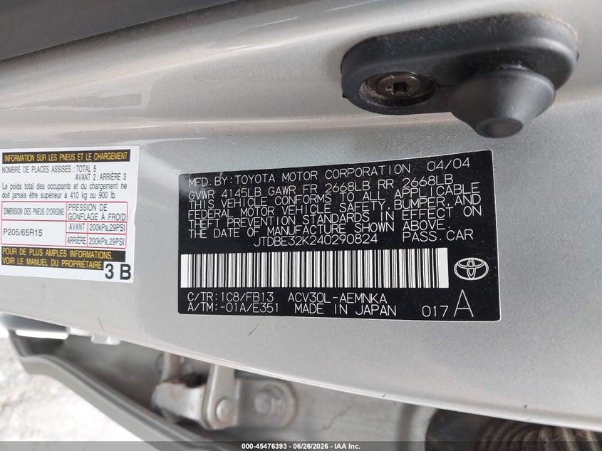 2004 Toyota Camry VIN JTDBE32K240290824 IAAI salvage auction — LEFT FRONT, Salvage (North Carolina), sold $25 on 2026-07-30 (photo 9)