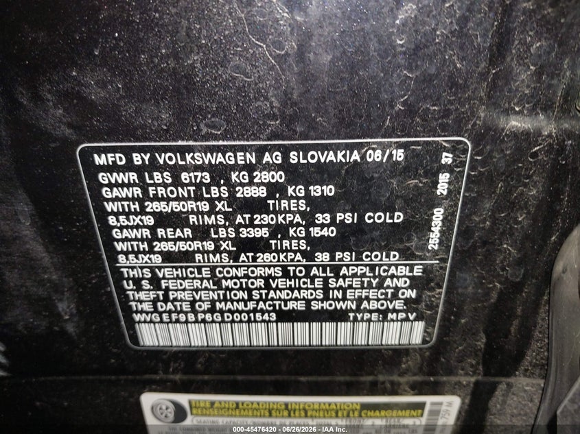 2016 Volkswagen Touareg VIN WVGEF9BP6GD001543 IAAI salvage auction — LEFT FRONT, Wait Title, sold $875 on 2026-07-31 (photo 9)