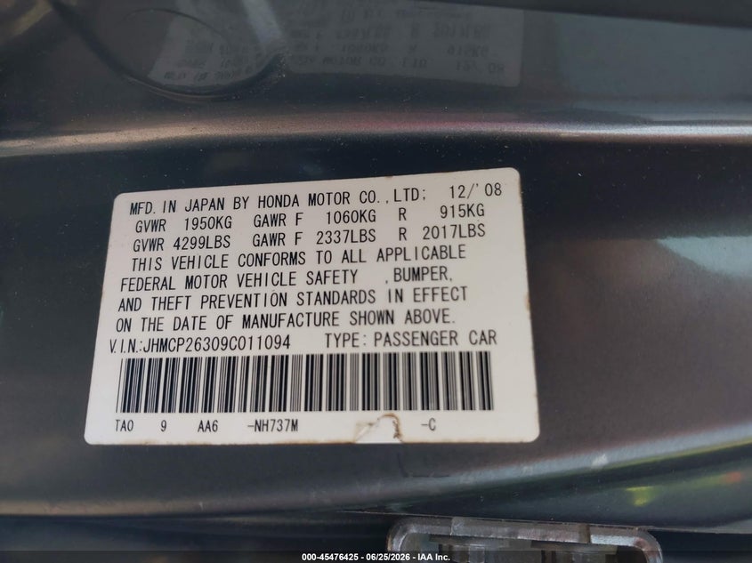 2009 Honda Accord VIN JHMCP26309C011094 IAAI salvage auction — FRONT END, Salvage (Texas), sold $350 on 2026-07-29 (photo 9)