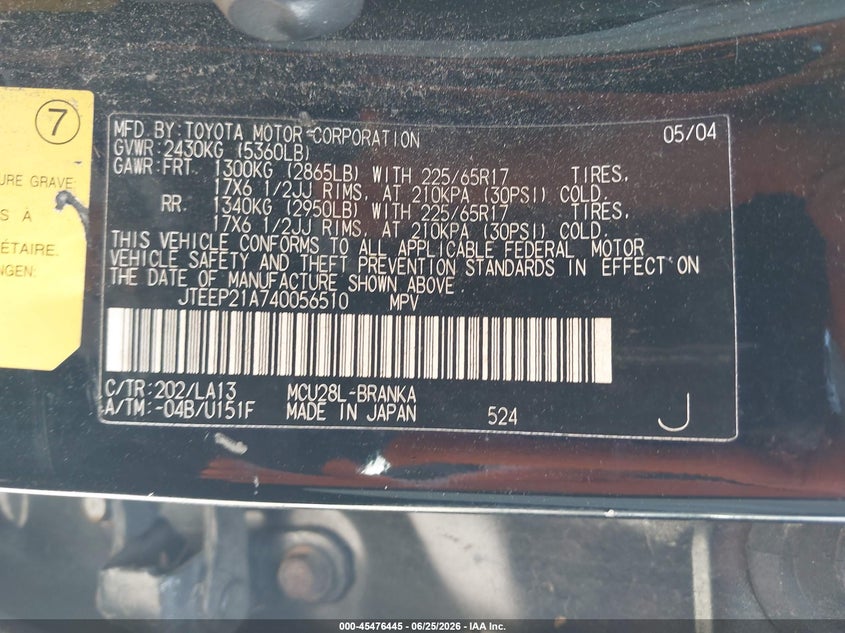 2004 Toyota Highlander VIN JTEEP21A740056510 IAAI salvage auction — RIGHT FRONT, Salvage (Pennsylvania), sold $725 on 2026-08-02 (photo 9)