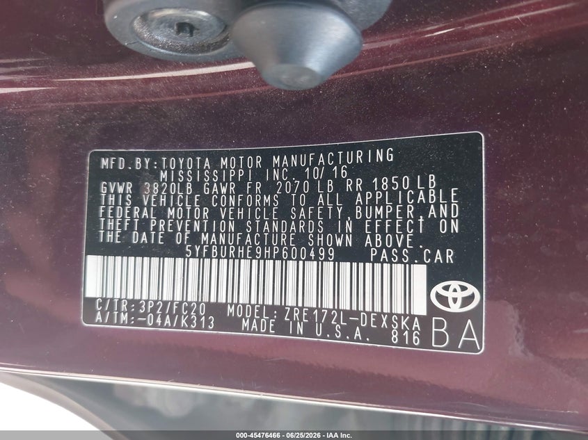 2017 Toyota Corolla VIN 5YFBURHE9HP600499 IAAI salvage auction — FRONT END, Rebuildable (Florida), sold $2,650 on 2026-07-14 (photo 9)