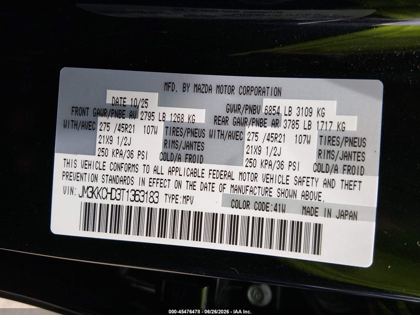 2026 Mazda Cx-90 VIN JM3KKCHD3T1363183 IAAI salvage auction — SIDE, Original (Ohio), sold $18,800 on 2026-07-31 (photo 9)