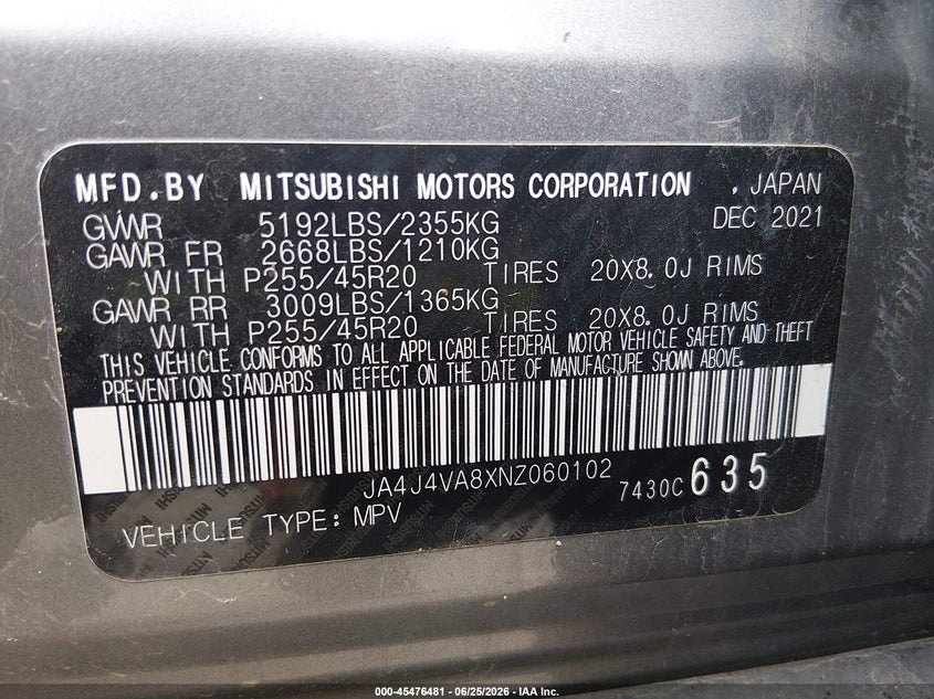 2022 Mitsubishi Outlander VIN JA4J4VA8XNZ060102 IAAI salvage auction — HAIL, Salvage Title, sold $8,800 on 2026-07-26 (photo 9)