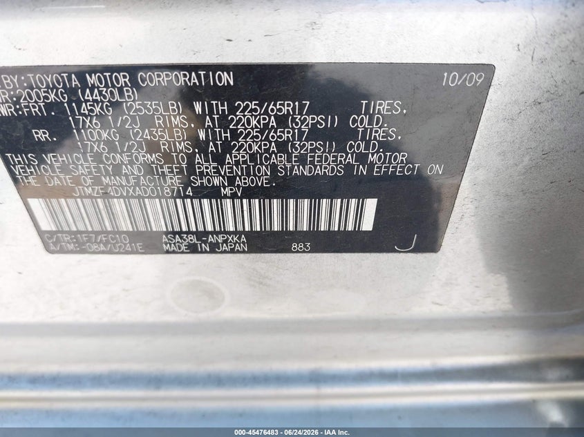 2010 Toyota Rav 4 VIN JTMZF4DVXAD018714 IAAI salvage auction — NORMAL WEAR, Clear - Dealer Only (California), sold $2,500 on 2026-07-20 (photo 9)
